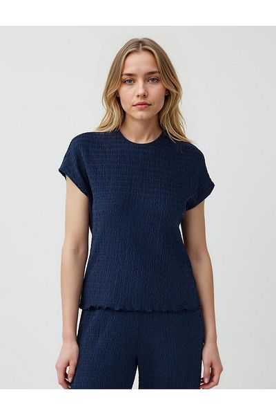 Jimmy Key Navy Blue Crew Neck Off Shoulder Knitted Blouse