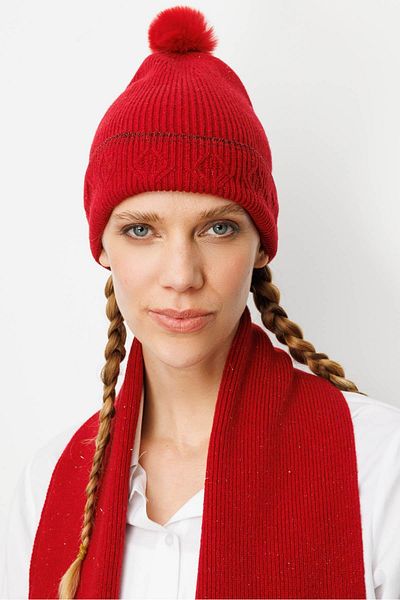 Desen Triko Women's Glitter Jacquard Pompom Wool Hat Dark Red