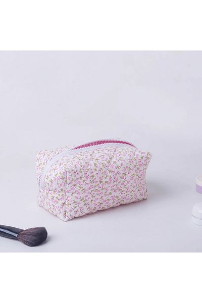 Choice Pink Storage Organizer Floral Puffy Quilted Makeup Bag Flower Printed Cosmetic Pouch Large Travel Co