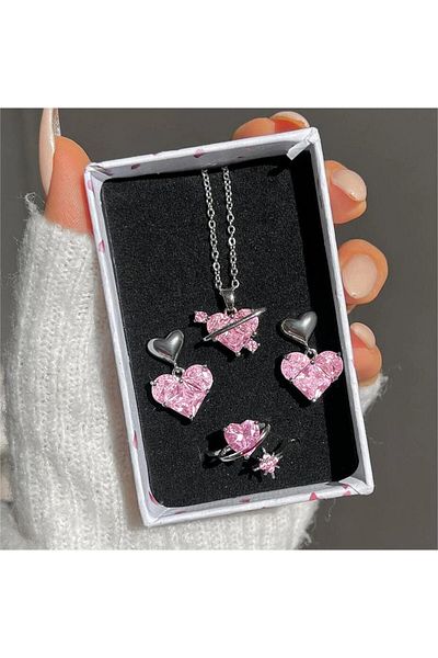 Choice 5968802HB 4 Pieces Love Pink Diamond Sweet Earrings Necklaces And Rings Jewelry Set Lightweight And