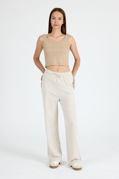 Rays Beige Elastic Waist Striped Wide Leg Woven Trousers 4098