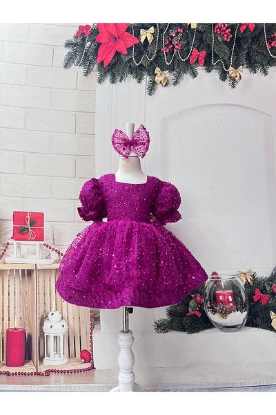 Nissa Fuchsia Square Collar Sparkly Sequined Girls' Dress Evening Dress