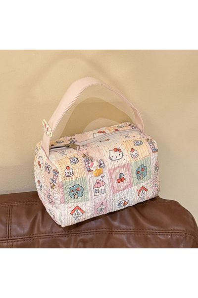 Miniso حقيبة مكياج W Kawaii Anime Hello Kitty لطيفة على شكل رسوم متحركة كبيرة الحجم محمولة وحقيبة تخزين للسفر B.