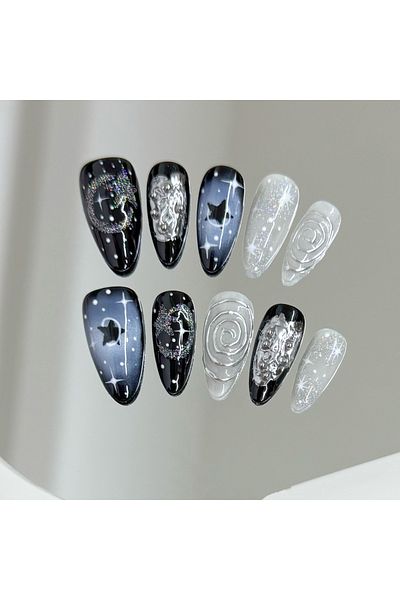 Choice S 10pcs Handmade Korean Press on Nails Sweet Cool Star Pink White Fake Nail Tips Wearable Summer Ni.