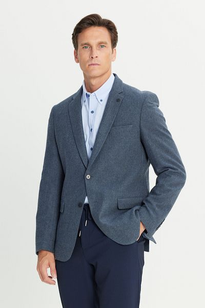 ALTINYILDIZ CLASSICS Men's Light Navy Blue Comfort Fit Relaxed Cut Mono Collar Herringbone Patterned Wool Jacket