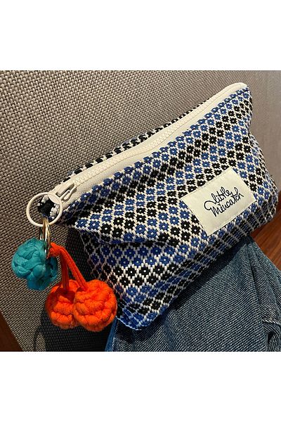 Choice DEEP BLUE Blue Cherry Hangings Cosmetic Bag Geometric Pattern Make Up Bag Letter Patch Decor Makeup