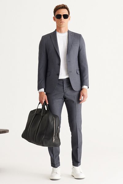 AC&Co / Altınyıldız Classics Men's Gray Extra Slim Fit Slim Fit Swallow Collar Striped Suit