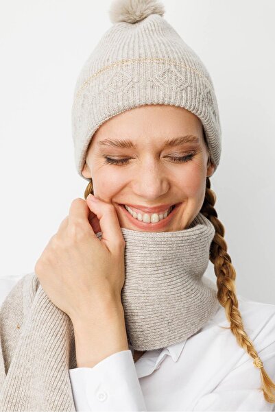 Desen Triko Women's Glitter Jacquard Pompom Wool Hat V.Beige