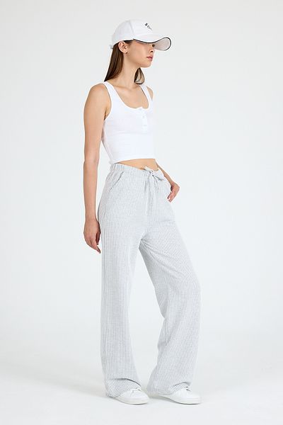 Rays Gray Elastic Waist Striped Wide Leg Woven Trousers 4098