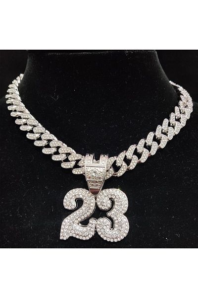 Choice 20inch(50cm) Silver color Men Women Hip Hop Number 23 Pendant Necklace With 13mm Crystal Cuban Chain