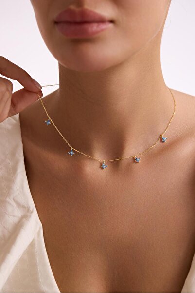 Nereze 925 Ayar Gümüş Gold Kaplama Aquamarin Taşlı Şans Kelebek Kolye