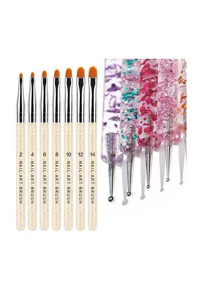 Choice Gold Nail Art Brush Design Tip Painting Drawing Carving Dotting Pen 12 Pcs FlatFan Liner Acrylic Gel