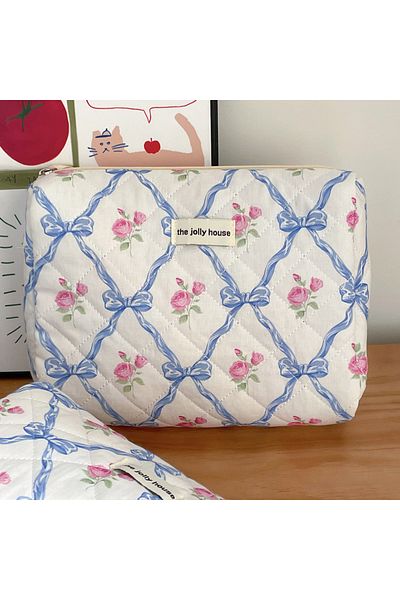 Choice D Cute Bow Flower Quilting Cotton Makeup Bag Women Zipper Cosmetic Organizer Female Cloth Handbag P.