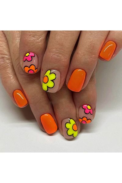 Choice QHW996 24 pcs short square French simple cartoon flower nails +1 nail glue +1 nail file