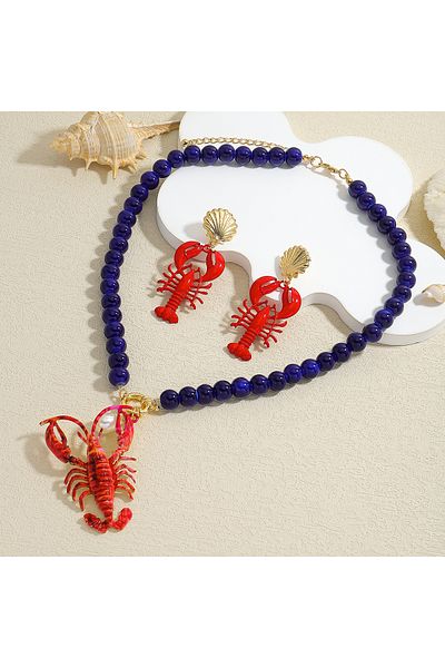 Choice Set Bohemia Fashion Red Lobster Pendant Bead Necklace Earrings For Women Handmade Beaded Summer Vaca