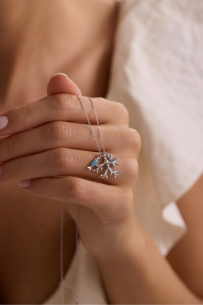 Nereze 925 Ayar Gümüş Rodyum Kaplama Balık Ve Deniz Kabuğu Detaylı Deniz Merc...