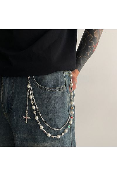 Choice سلسلة مفاتيح فضية اللون من Ingemark Punk Cross Jesus قلادة للرجال من Rock Goth Pants وحزام خصر ومحفظة B