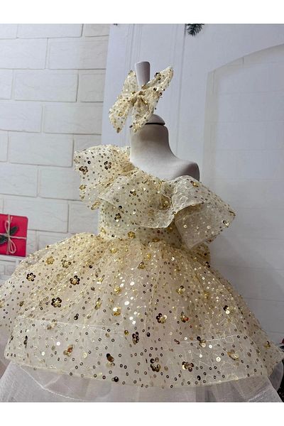 Nissa Gold Sparkly One Shoulder Sequined Girls Dress Evening Dress