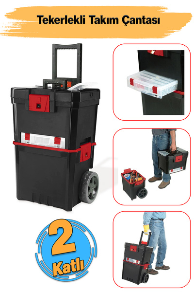 Badem10 Tekerlekli Takım Çantası Plastik Organizer Bölmeli Kapaklı 2 Katlı İk...