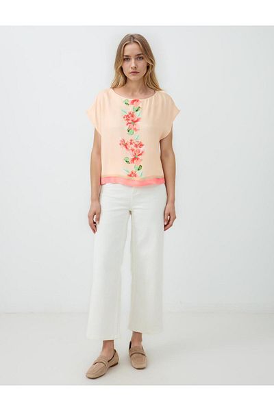 Jimmy Key Pink Short Sleeve Boat Neck Floral Print Blouse