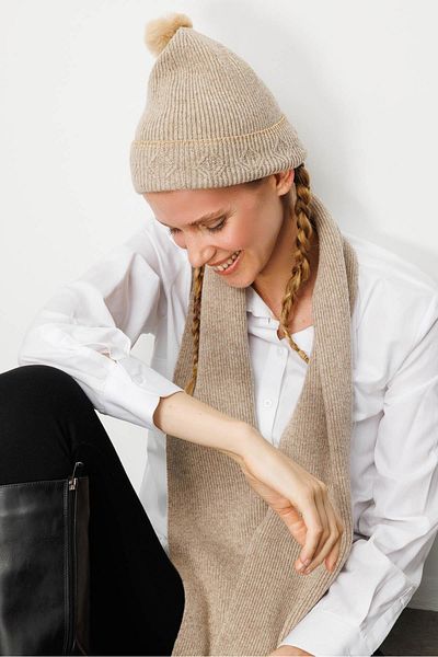 Desen Triko Women's Glitter Jacquard Pompom Wool Hat K.Beige