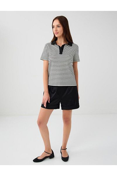 Jimmy Key Tricou negru tricotat cu guler polo cu mânecă scurtă