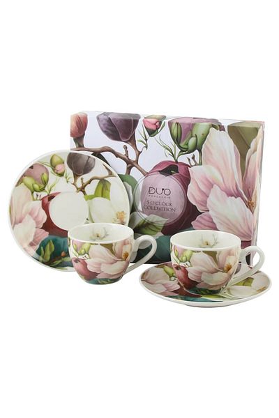 Duo Set de 2 cești de espresso cu farfurioare, 110 ml, „Magnolia” – în cutie cadou decorativă