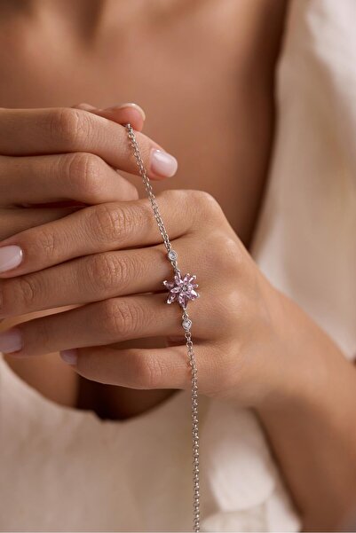 Nereze 925 Ayar Gümüş Rodyum Kaplama Doç Zincirli Pembe Taşlı Lotus Çiçeği Bi...