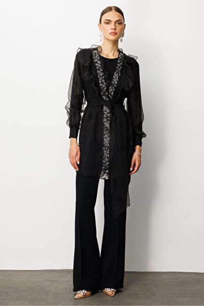 Moda İlgi Modailgi Yakası Taşlı Volanlı Uzun Organze Tunik Siyah