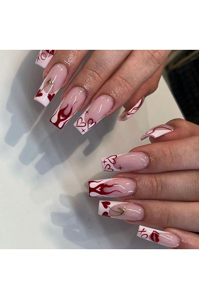 Choice Red 24pcs Medium Square Red France Full Cover Fake Nail Set - Short Coffin Press On Nails Love Desig