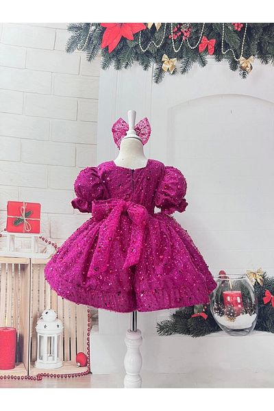 Nissa Fuchsia Square Collar Sparkly Sequined Girls' Dress Evening Dress