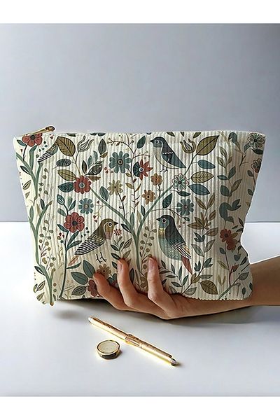 Choice bird 1pc，Branch bird pattern corduroy zipper makeup bag, lightweight and multifunctional cosmetic st