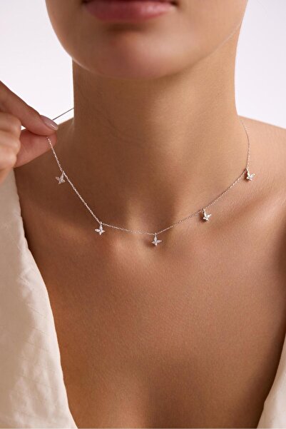 Nereze 925 Ayar Gümüş Rodyum Kaplama Beyaz Taşlı Şans Kelebek Kolye