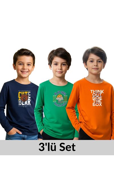 FYK COLLECTİON 3-Pack Zero Collar Printed Detail Boy's Sweatshirt