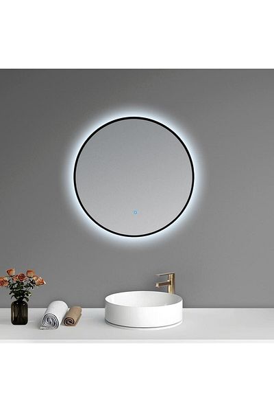 Homelux Oglindă de baie KENDALL LED – 60 cm, rotundă, ramă neagră, control tactil al luminii