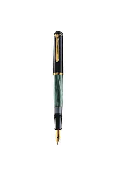 Pelikan Classic M200 F Fountain Pen, Material Resin, Color Black/Green Marbled, Gold Plated Accessories