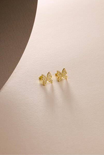 Nereze 925 Ayar Gümüş Gold Kaplama Minik zirkon Taşlı Kelebek Küpe