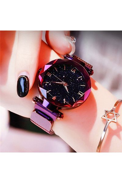 Choice PURPLE Womens Fashion Starry Sky Watches Magnet Buckle Mesh Belt Diamond Quartz Watch Women Dress Cl