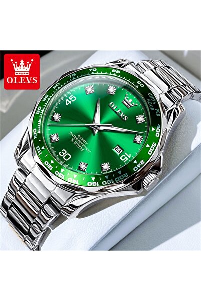 Choice ساعة كوارتز GD-Silver Green OLEVS 9988 للرجال مقاومة للماء والخدش وتار...