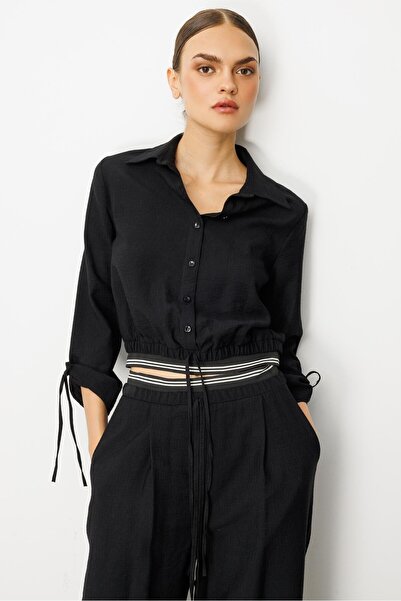 Moda İlgi Modailgi Etek Ucu Lastik ve Ribana Detaylı Bağlamalı Kısa Bluz Göml...