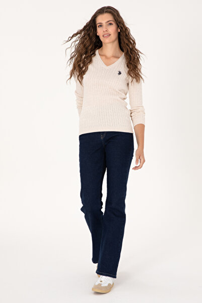 U.S. Polo Assn. Kadın Krem Melanj V Yaka Basic Kazak 50313625-VR159