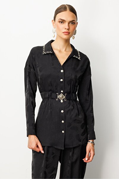 Moda İlgi Modailgi Beli Lastikli ve Toka Detaylı Yakası İnci İşlemeli Tunik Siyah