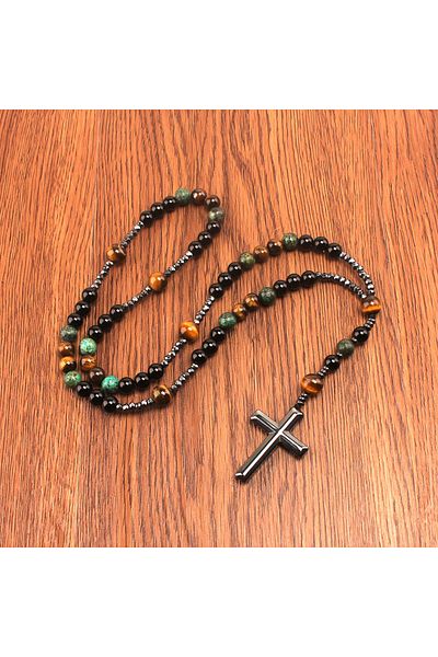 Choice 60cm Turquoise Natural Stone Africa Turquoise and Tiger-eye Beads Cross Pendant Necklace Rosary for