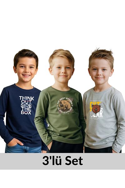 FYK COLLECTİON 3-Pack Zero Collar Printed Detail Boy's Sweatshirt