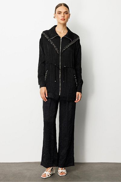 Moda İlgi Modailgi Turn-Down Collar Zipper Closure Pearl and Cool Stitching Detail Tunic Black
