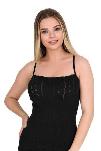 Berrak Heart Patterned Lace Thin Strap 100% Cotton Tank Top 6 Pieces