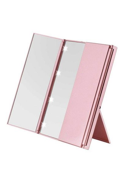 Choice Pink Portable LED Three Sided Makeup Mirror Folding Design Travel Vanity Cosmetic Mirror with Adjust