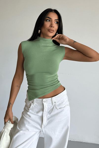 Ladima Women's Side Cut Detailed Draped Lycra Green Sleeveless Blouse