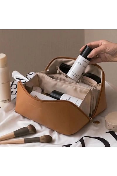 Choice BROWN Fashion Portable PU Leather Large Capacity Travel Cosmetic Bags Makeup Pouch Women Waterproof