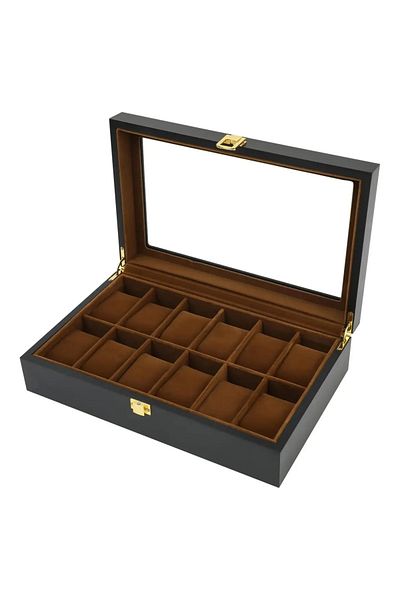 Choice 12 Slot Brown Watch Organizer Box,6 Watch 3 Slots Sunglasses Wooden Watch Organizer Box with Real Gl